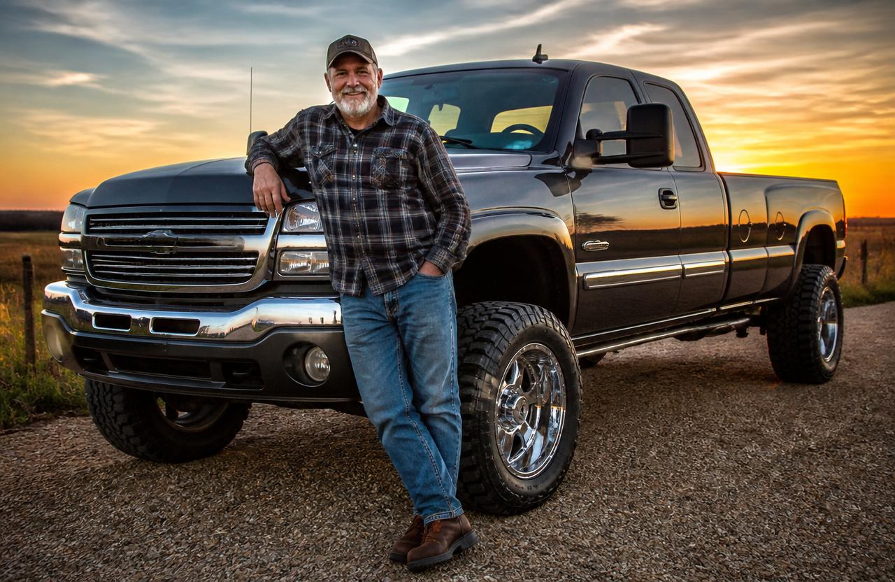 Older man leaning proudly on his lifted pickup truck at sunset