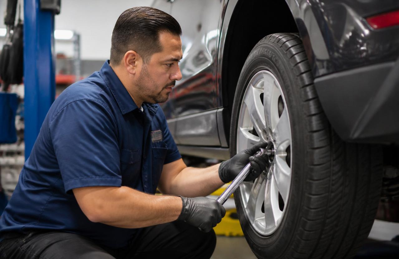 ASE-certified technician torquing a wheel